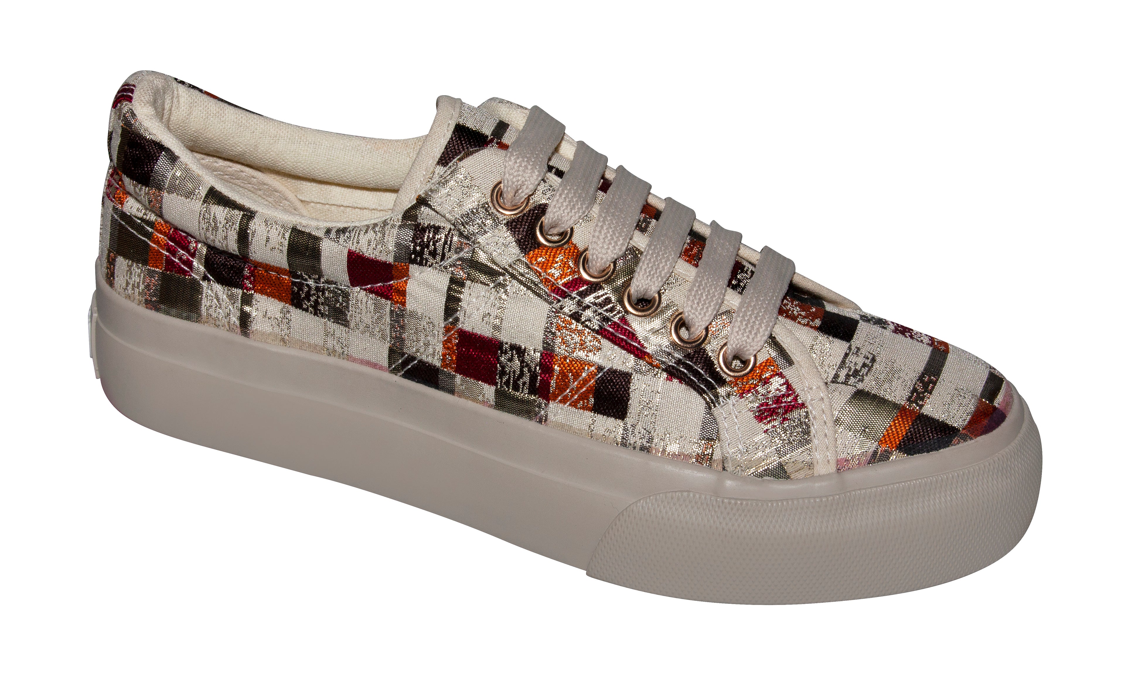 Sneakers - Multicoloured Checkered Fabric - Red & Gold