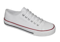 White sneaker with red and black accents on a sole
