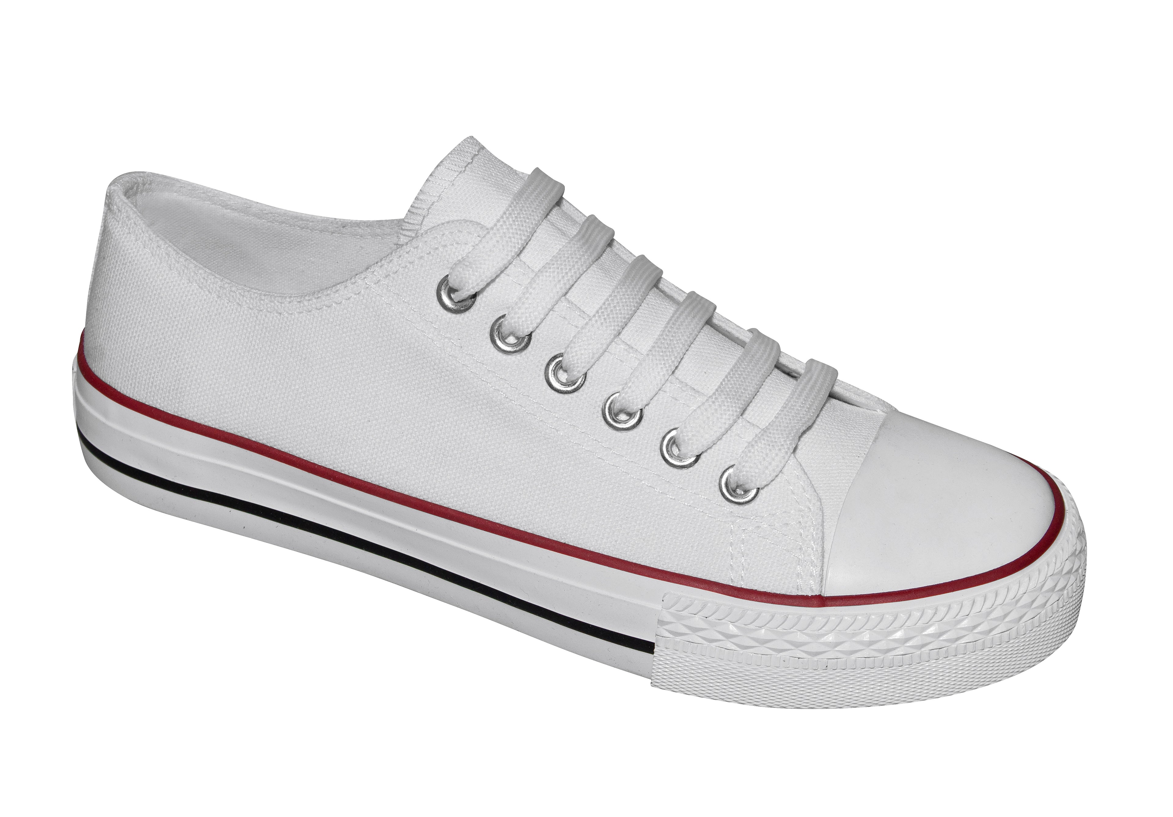 White sneaker with red and black accents on a sole