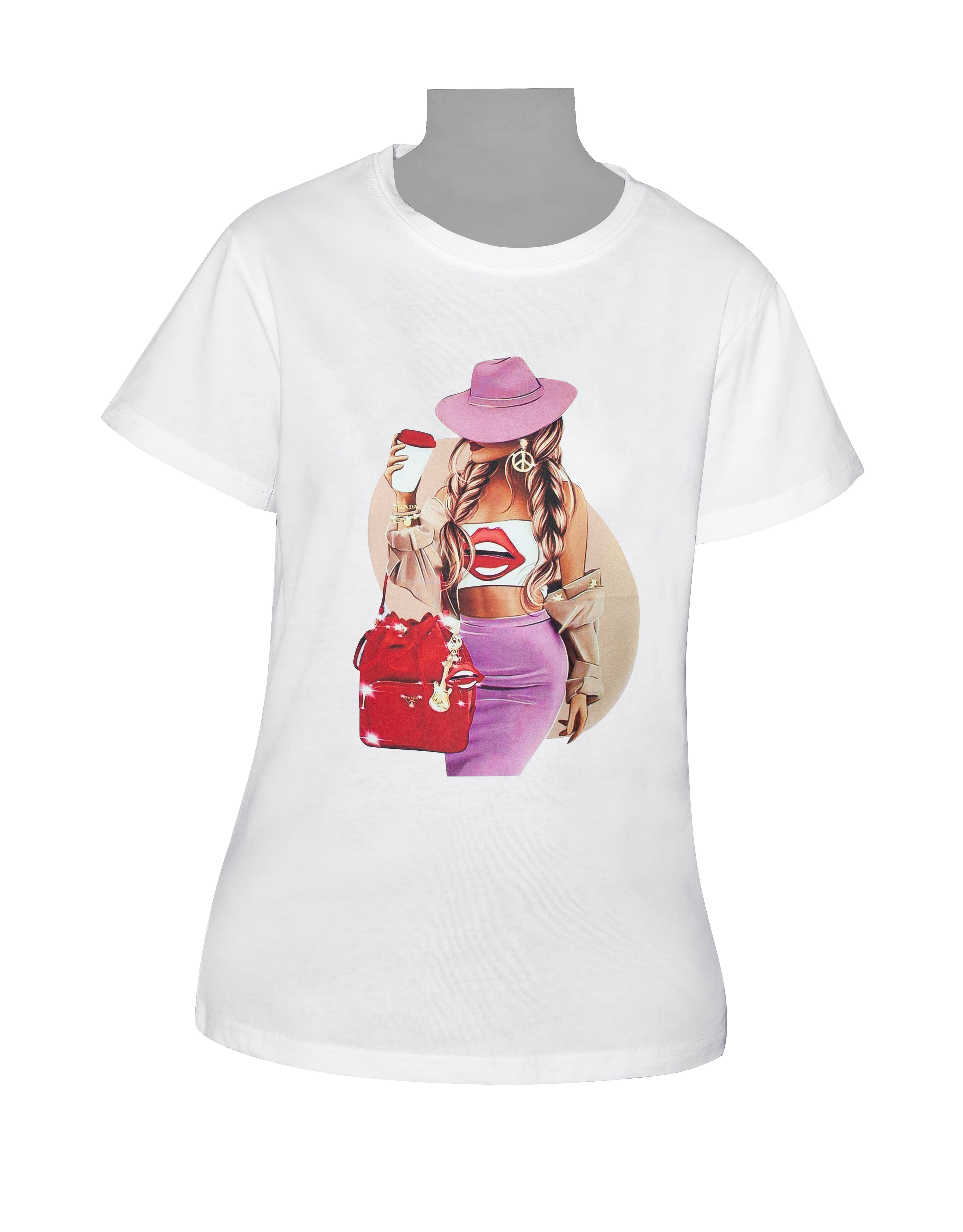 Ladies T-Shirt - White - Red Lips Motif