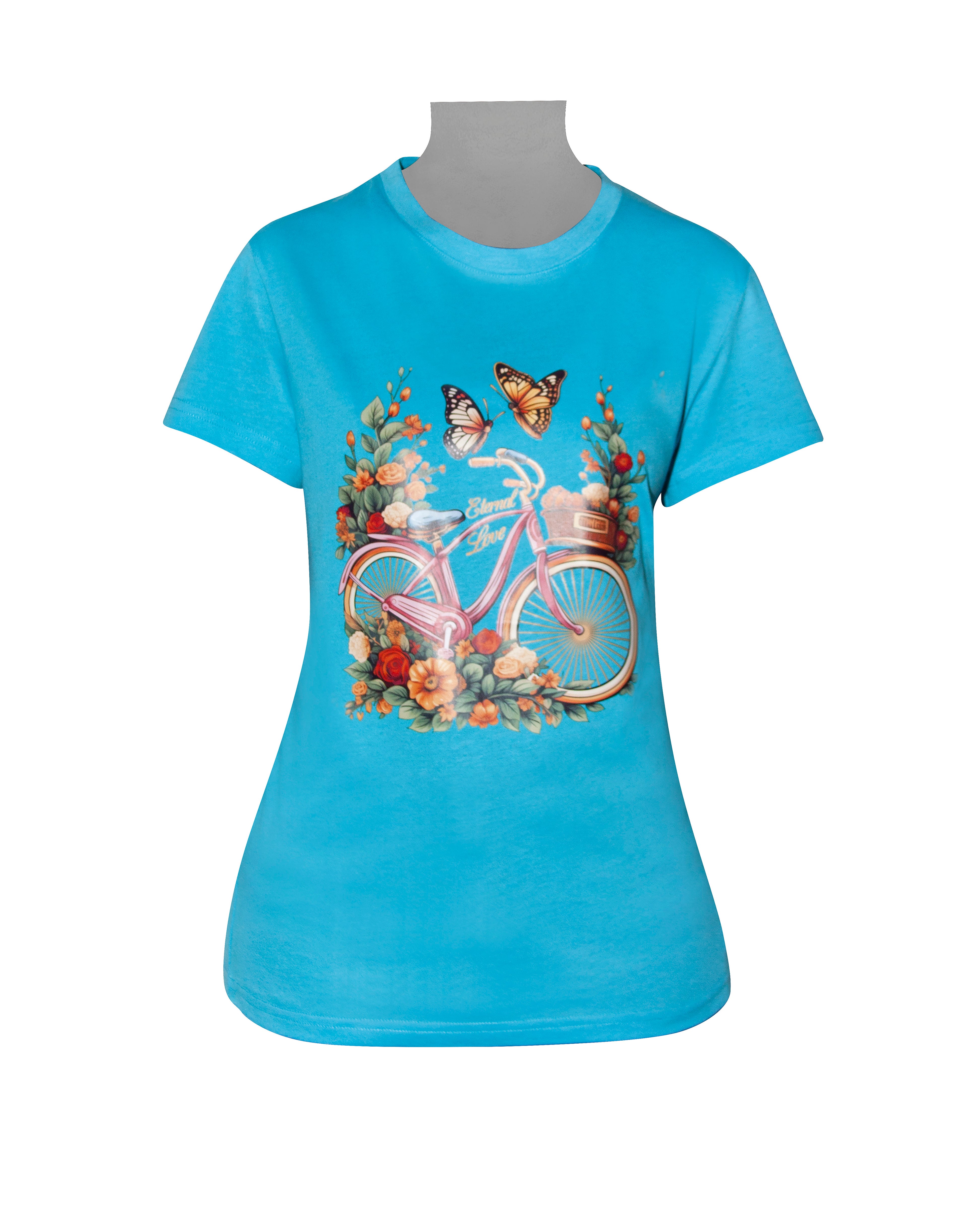 Ladies T-Shirt - Blue - Butterfly Bicycle Motif