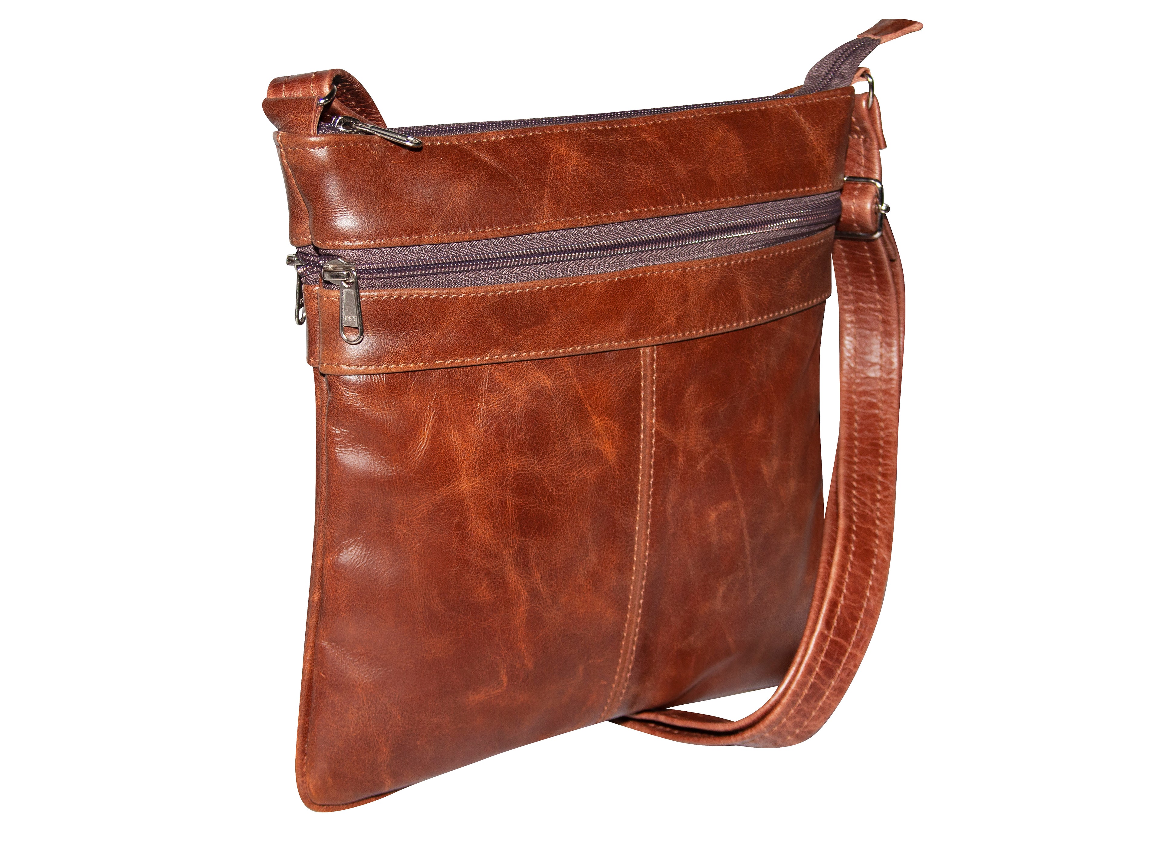 Handbag - Genuine Leather 3-Zip Sling Bag - Medium